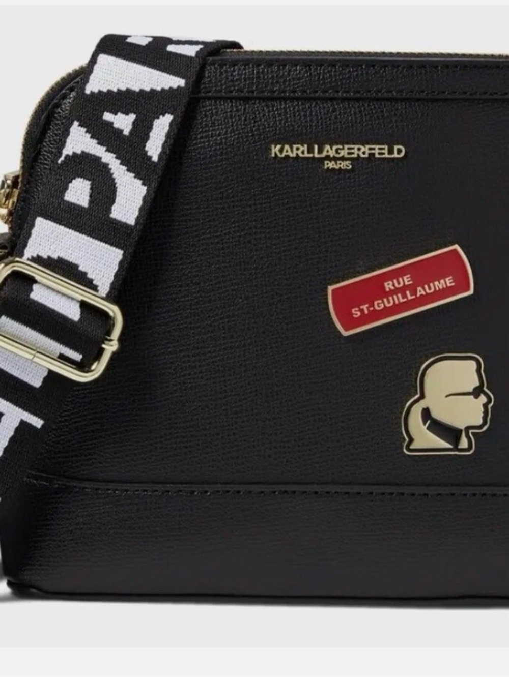 Karl Lagerfeld Black Crossbody Bag with Black-and-White PARIS Strap